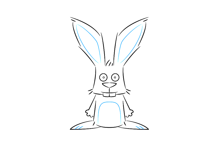 步骤4：在耳朵内部，绘制两条长曲线以创建补丁。您还可以在兔子插图的腹部画一条很长的曲线，以形成第三个补丁。在动物的脚内也添加了长直线以完成第四步。