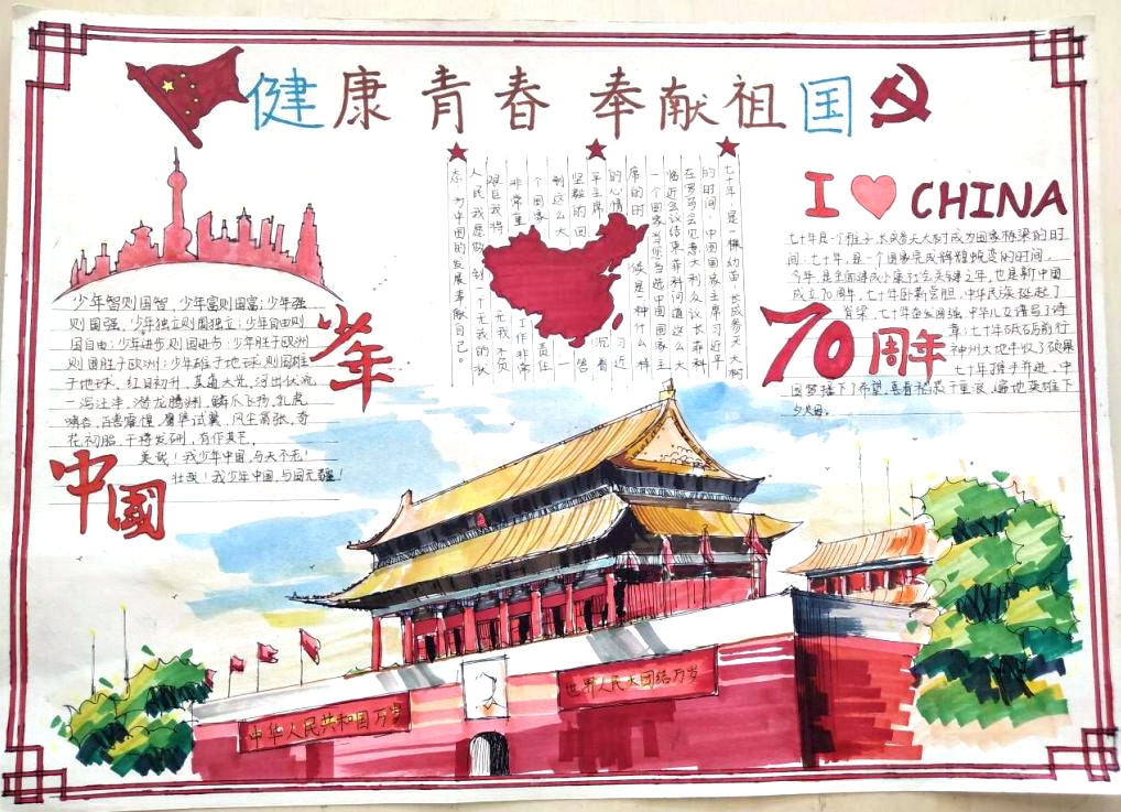 爱国主题手抄报——健康青春献祖国-图1