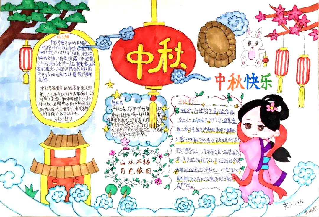 步骤3：作品说明：喜庆的灯笼、象征团圆的月饼、洁白可爱的玉兔还有广寒宫，都是我小报的美丽绘画装饰。这里，还有一个美丽端庄又高贵的女子，她是谁呢？嫦娥呀！嘻嘻。是不是比你想象中的还要高颜值呢？大红灯笼高高挂，“中秋”佳节喜相聚。这就是我们对中秋的美好期待。  怎么样，亲们，为我投出您宝贵的一票吧！