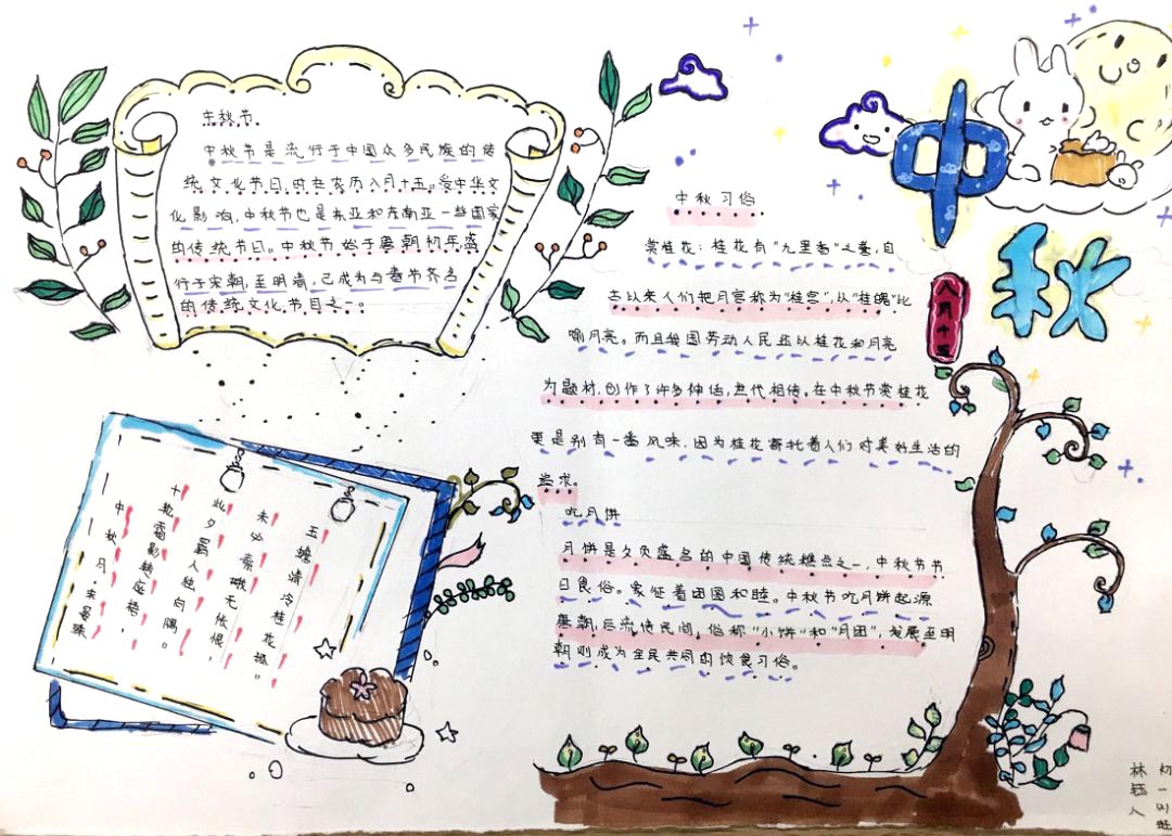 步骤7：作品说明：明月当空，一只兔在月光的照耀下显得格外小巧，而凡间，人们其乐融融,月饼的清香令人舒适，自古以来，人们虽流浪四方，但每当中秋,思念家乡的诗人便看着圆溜的月亮，写下心中的思念，伴随着思念的是独特的风俗，和人们心中那一轮圆圆的明月。