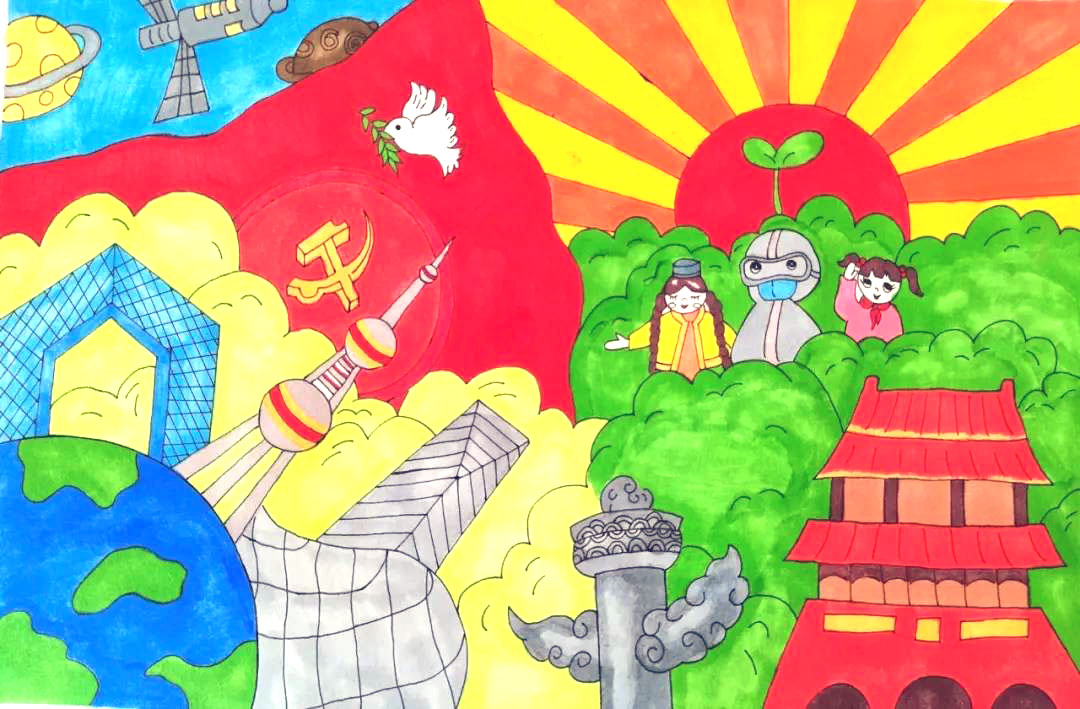 建党百年儿童绘画作品-图1