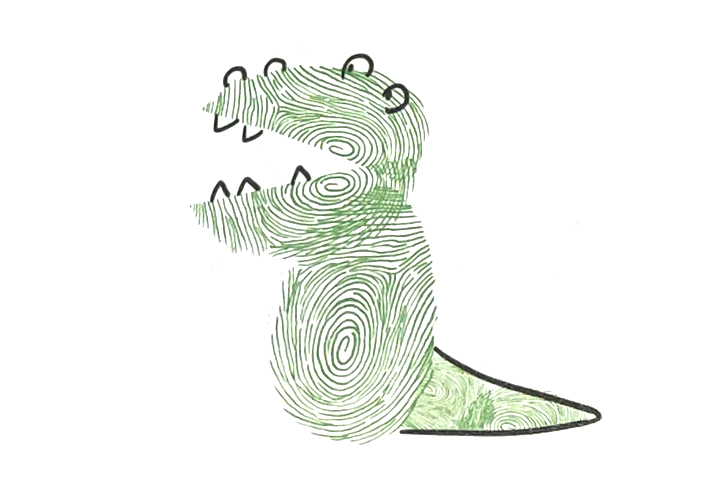 步骤3：画鼻孔、眼睛和牙齿，然后勾出尾巴的线条。