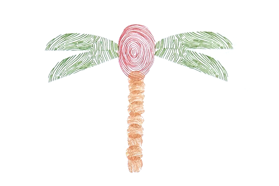 步骤2：用自己的指尖印出多个圆形的指印作腹部，用半个指印作翅膀。