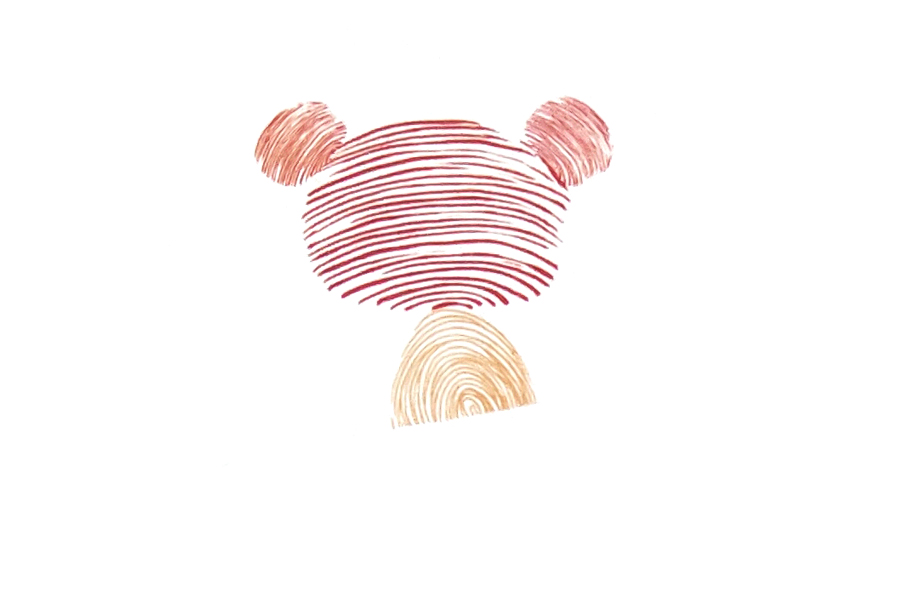 步骤2：先印一个自己的被遮住一半的指印作身体，再用自己的指尖印两个圆形的指印作头发。