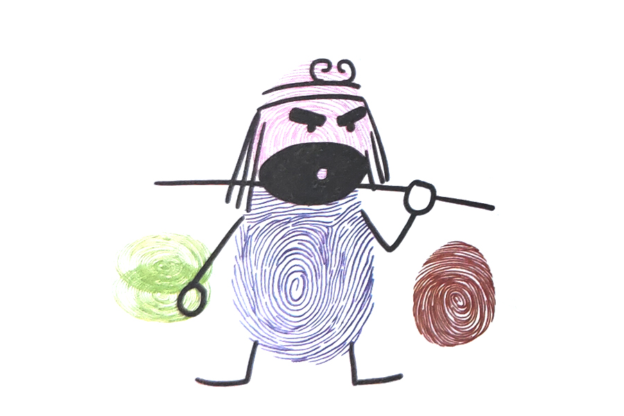 步骤3：画头箍、眉毛、眼睛、头发、胳膊、手、腿脚和禅杖。