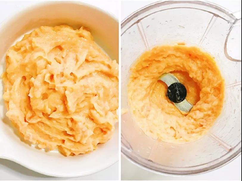 鸡肉捞出沥干水分，加水淀粉一起打成肉泥。