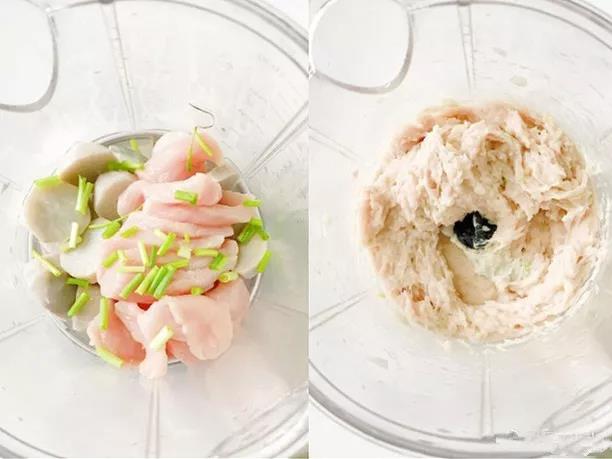 猪肉切片，加入蒸熟后冷却的芋头、葱花、少量清水，用搅拌机搅打成泥。