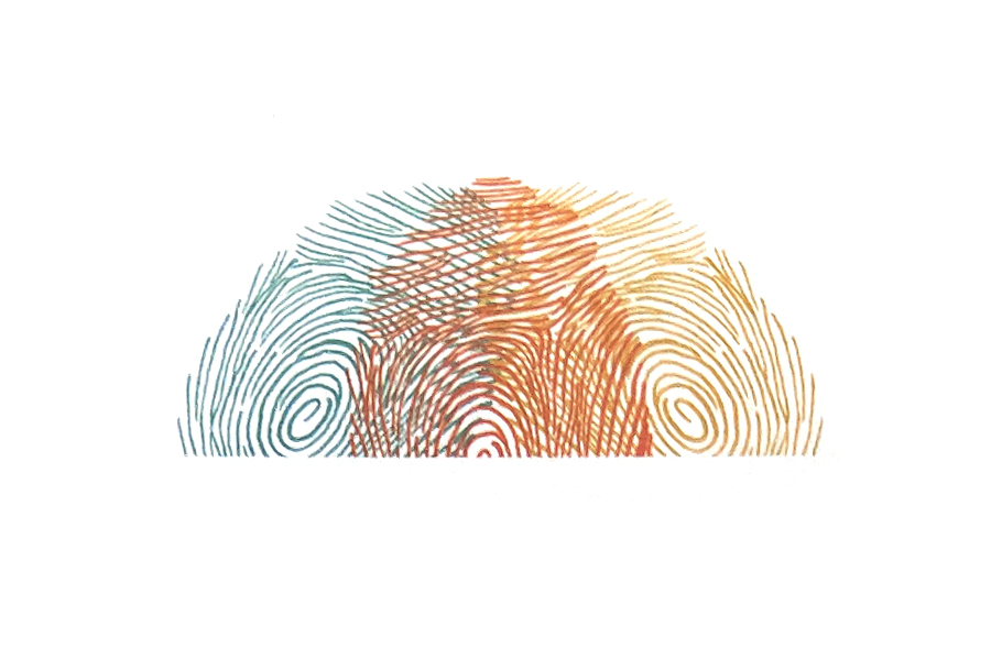 步骤2：印三个不同颜色的指印，注意下半部遮住的地方要对齐。