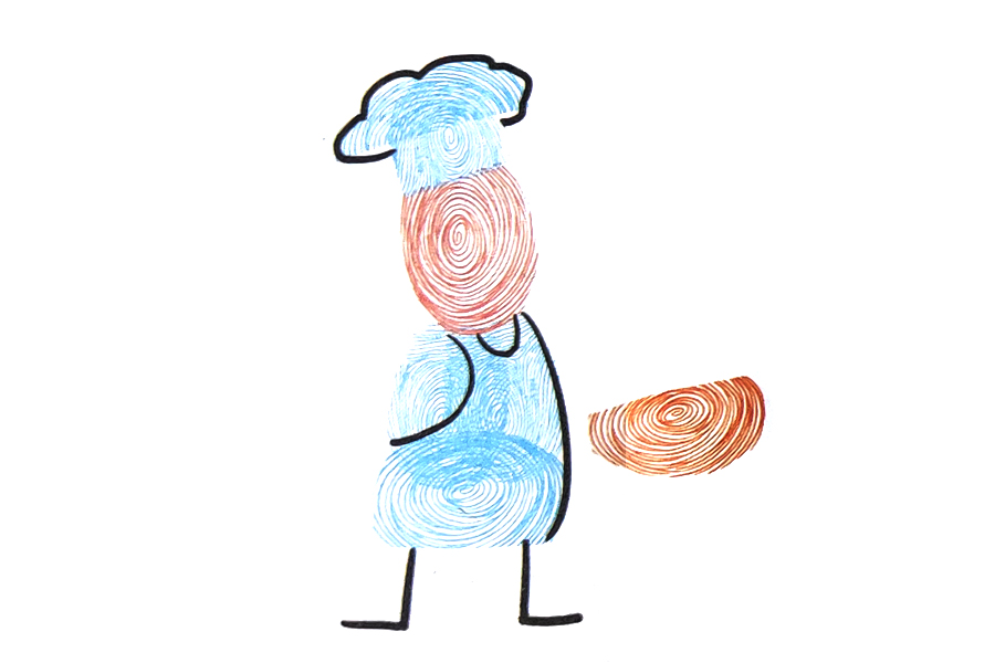 步骤3：先印一个被遮住一部分的指印作帽顶，再印一个被遮住一部分的指印作炒锅，最后画围裙、腿脚和帽子轮廓。