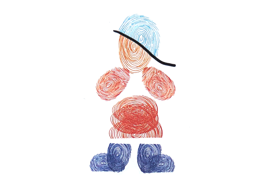 步骤2：先印半个指印作头盔，注意要印得比头稍大些，再印几个指印作防护衣、四个被遮住一部分的指印作靴子，最后画帽檐。