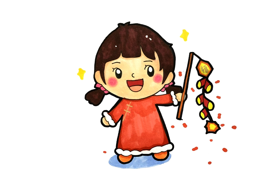 春节小孩放鞭炮怎么画