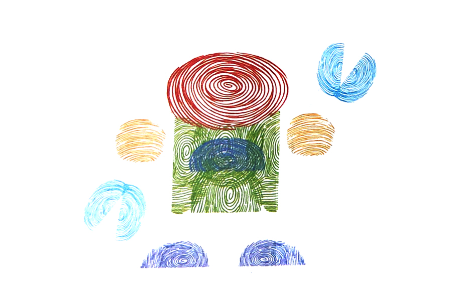 步骤3：先印四个自己的被遮住一半的指印，组合成机械手，再印两个被遮住一半的指印作脚，注意指印的摆放位置。