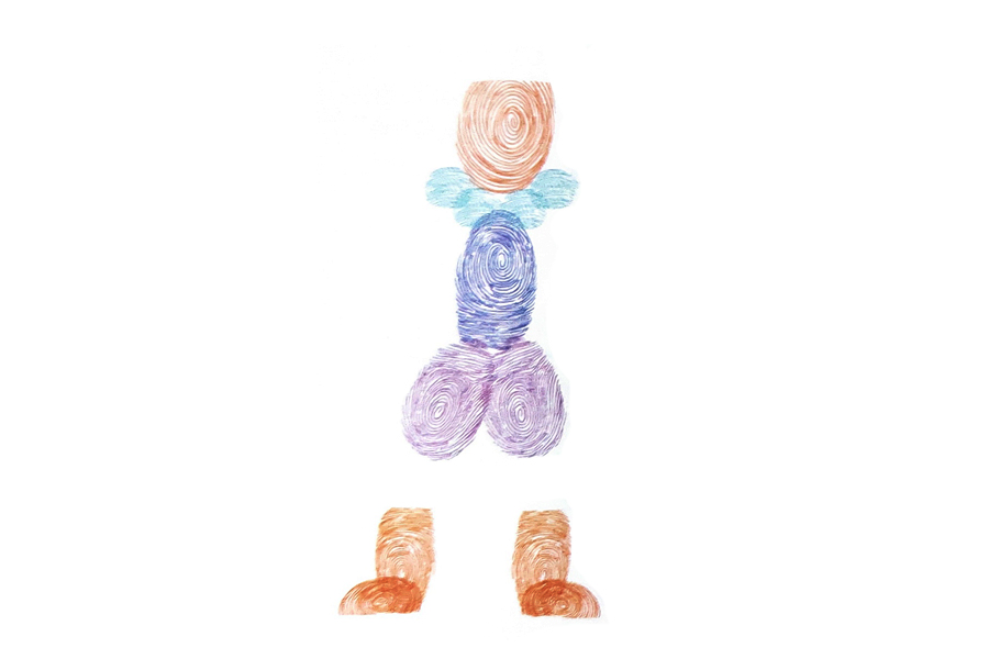 步骤2：分别用指印印出身体、裤裆、衣领和靴子，注意排列的形状。