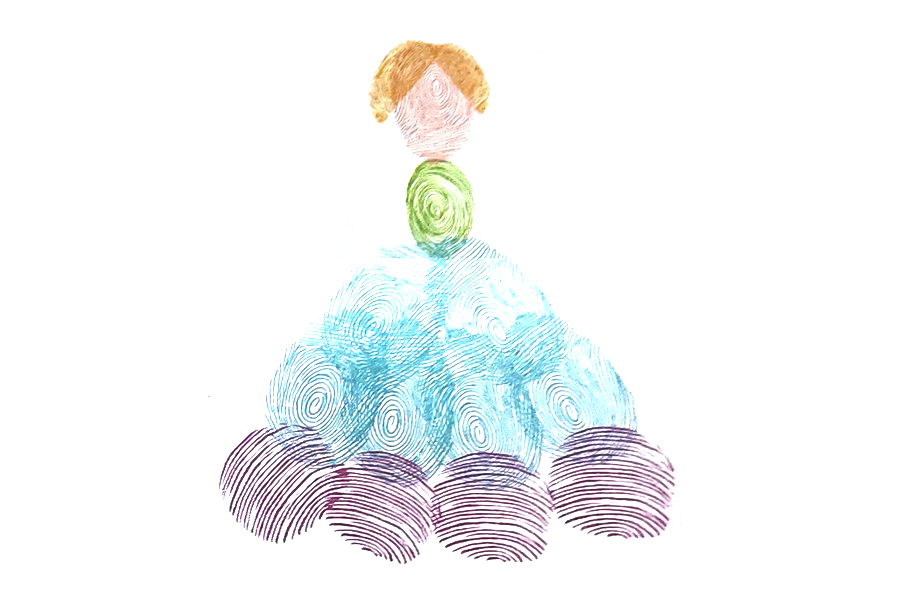 步骤2：印几个指印排列成百褶裙的式样，用大人指尖印四个圆形的指印作裙摆。