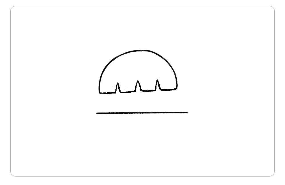 步骤1：首先，一条曲折线加一个上半圆画出刘海轮廓，在下面画一条横线