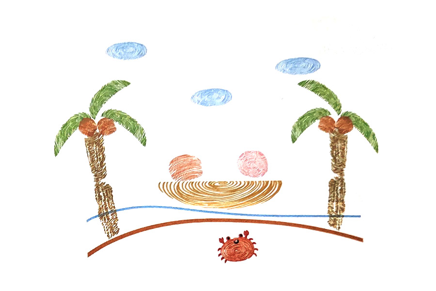 步骤6：印一条小船，在小船的上方用指尖印两个小圆点。