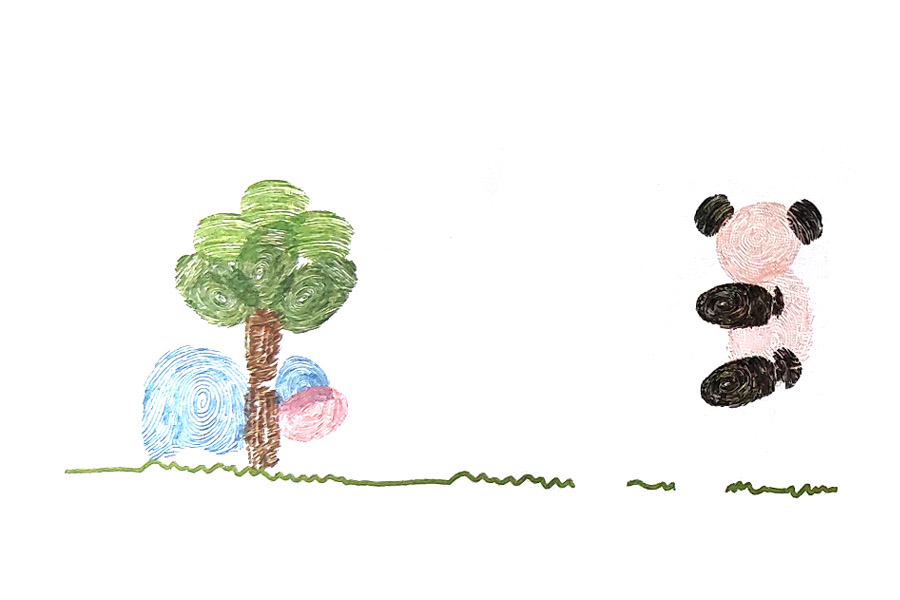 步骤3：用指印印出河马和熊猫的轮廓。