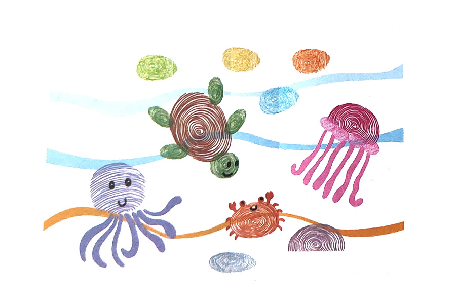 步骤7：用指印印鱼和石头的轮廓。