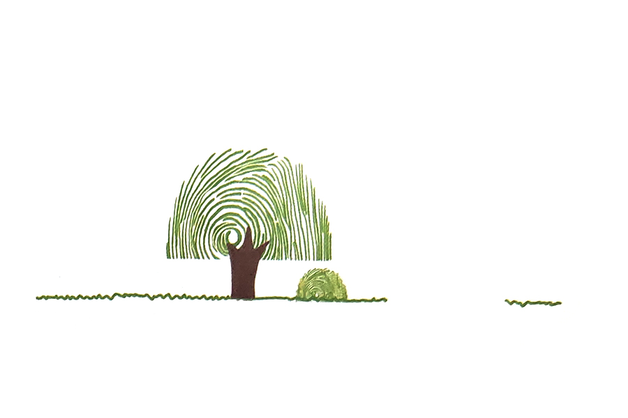 步骤2：印一颗树和小石头。