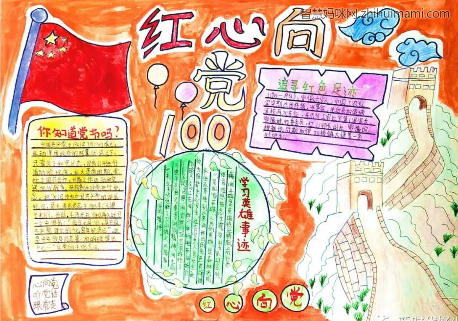 步骤5：《红心向党手抄报》创作说明      今年是中国共产党建党100周年，它带领全国各族人民让一个贫穷落后的国家屹立于世界东方，创造了一个又一个奇迹，祖国的大好河山分外耀眼。本作品从建党日的由来，关于党的光辉历程，表达对中国共产党的赞美之情！