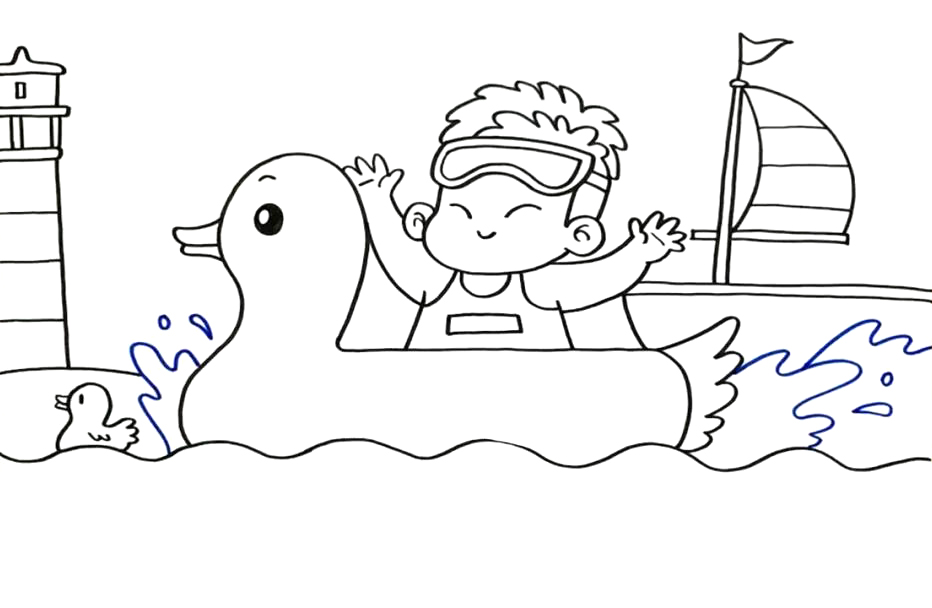 步骤4：现在我们开始画出背景， 左边画出一个灯塔，右边画出帆船