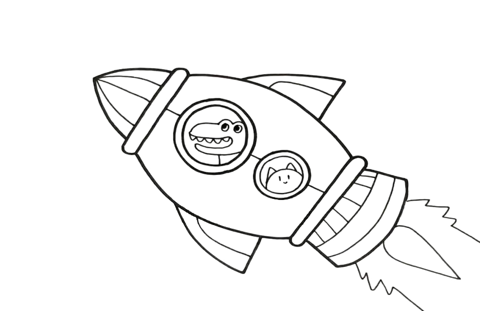 步骤3：火箭画好之后，再画出乘客， 我画了小鳄鱼和小猫， 你也可以画出其他动物