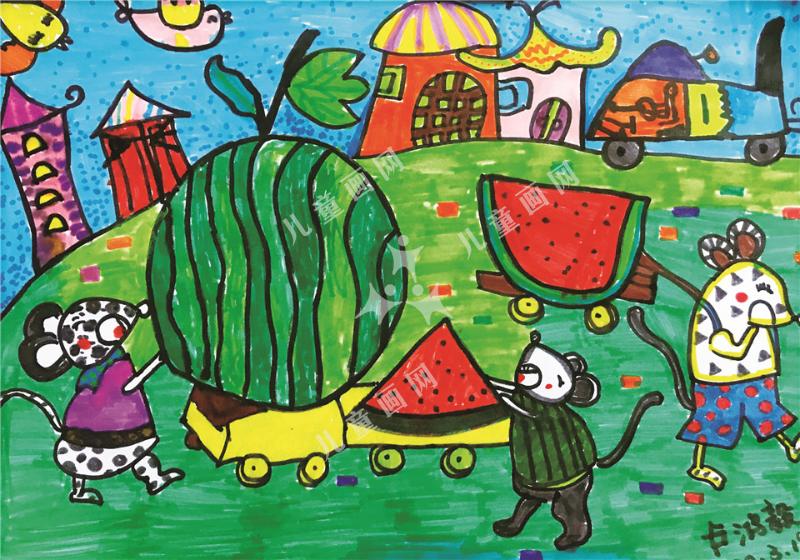 老鼠运西瓜儿童画