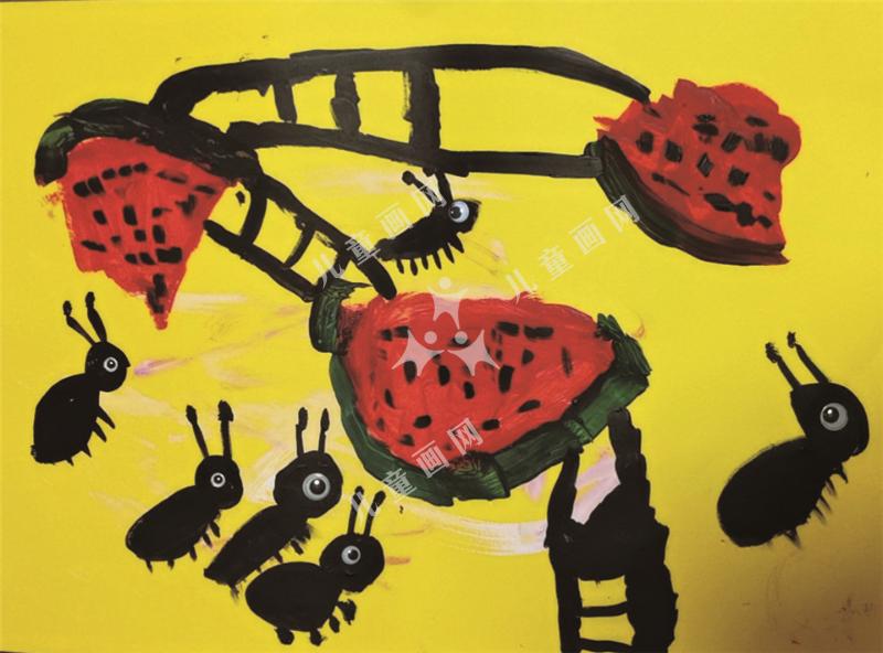 爱吃西瓜的小蚂蚁儿童画作品