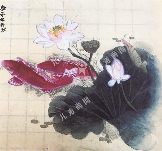 荷叶下的金鱼绘画