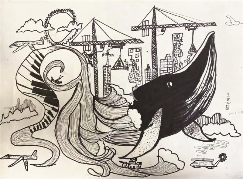 创意儿童画-鲸跃入梦