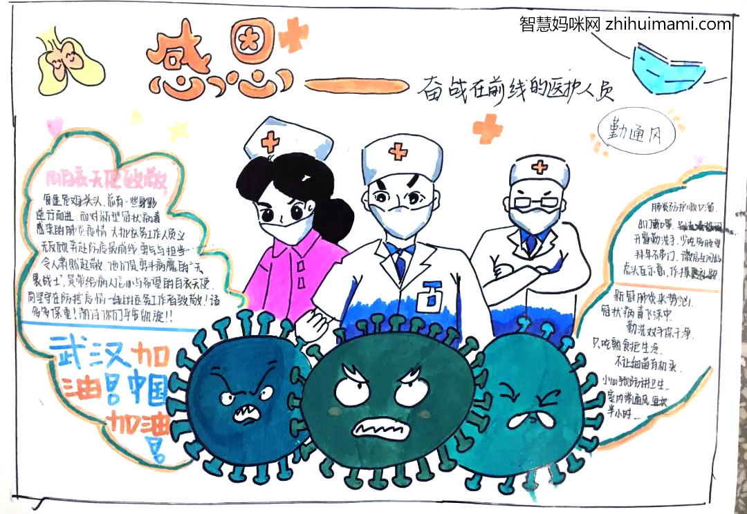 步骤1：手抄报主题是感恩奋战在疫情前线的医护人员，所以中间以三位医生为中心，在面对病毒袭来时，奋勇向前，坚强面对的抗疫氛围，再附上对疫情的介绍。