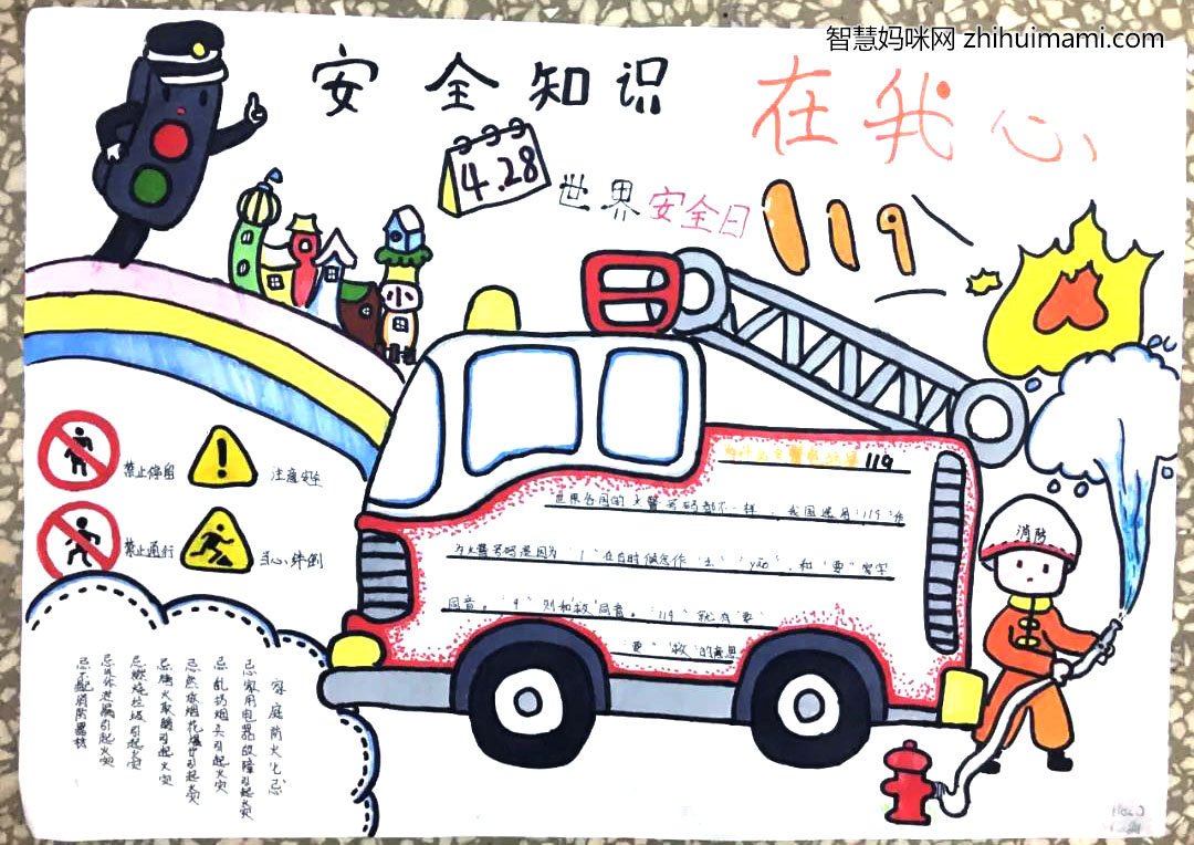 步骤2：我画的手抄报主题是：安全知识在我心。画中绘制了路标、消防车、消防人员等，都是对于安全比较具有代表性的标识。彩虹与彩虹上小镇，都是我希望人们能够健康平安快乐的生活，附上我美好的祝愿。