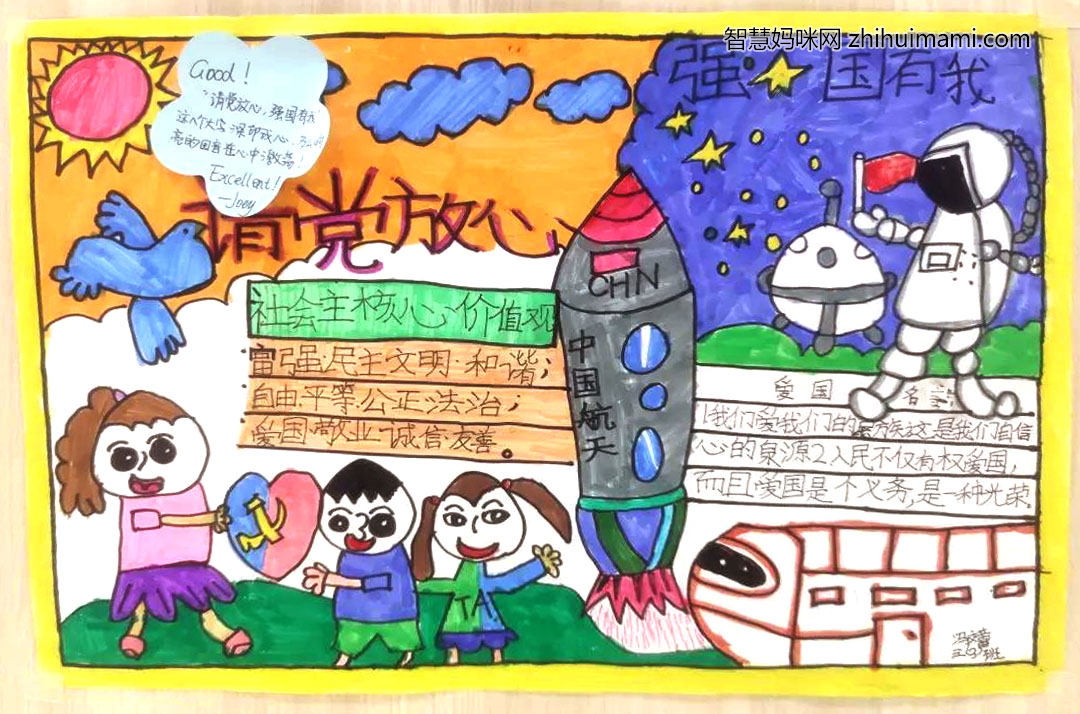 小学生请党放心强国有我手抄报绘画-图4