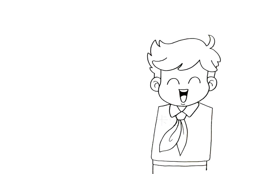 步骤2：接着画出躯干，还要画出  胸前的红领巾