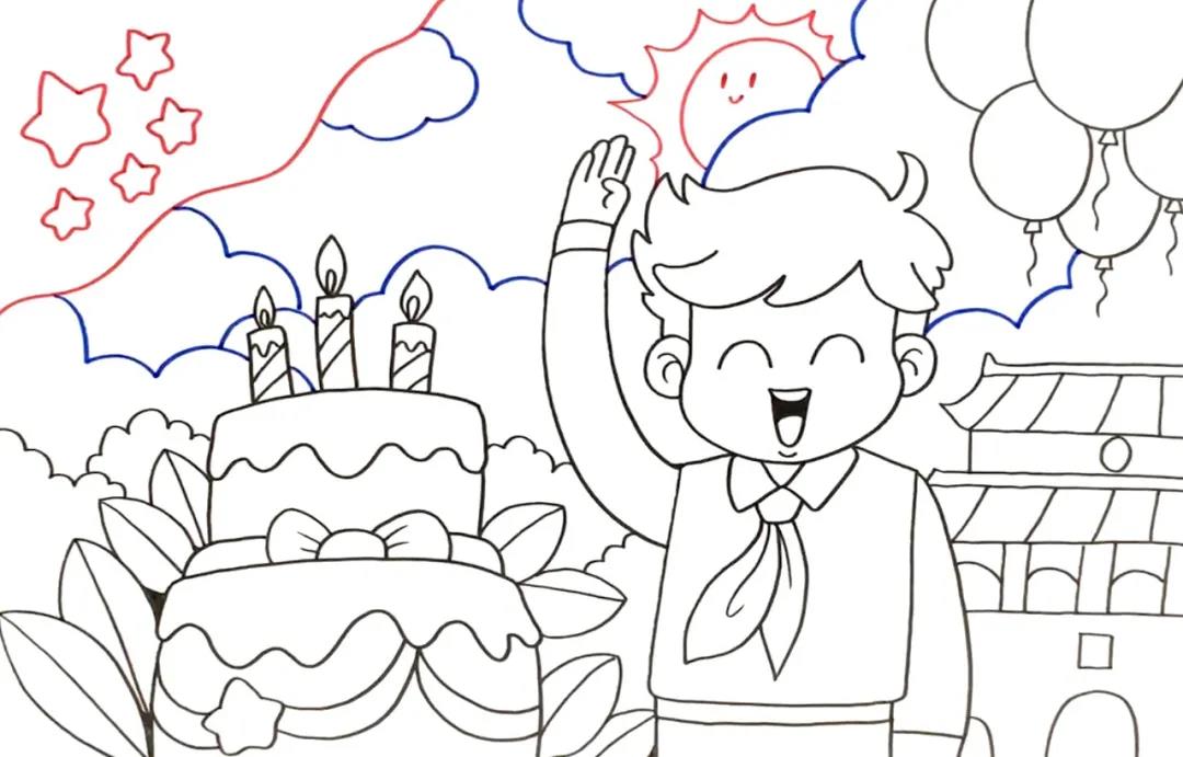 步骤5：再用水彩笔加上云彩、太阳和旗帜