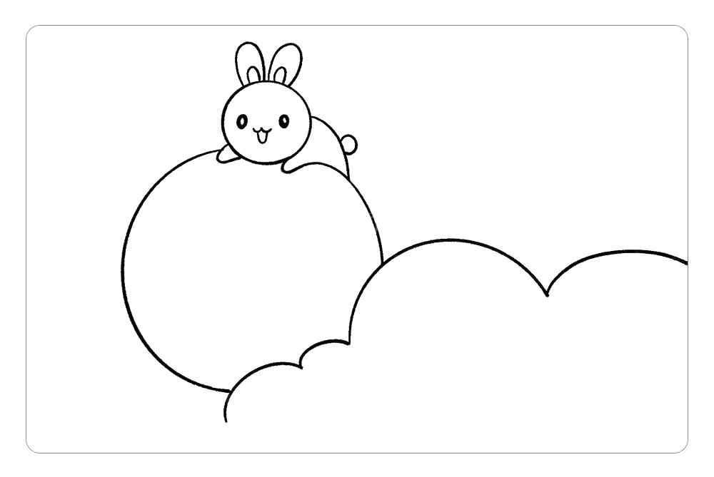 步骤4：接着在画一个大大的月亮，用连续的弧线画出云朵，注意月亮和玉兔还有云朵之间的前后遮挡关系。