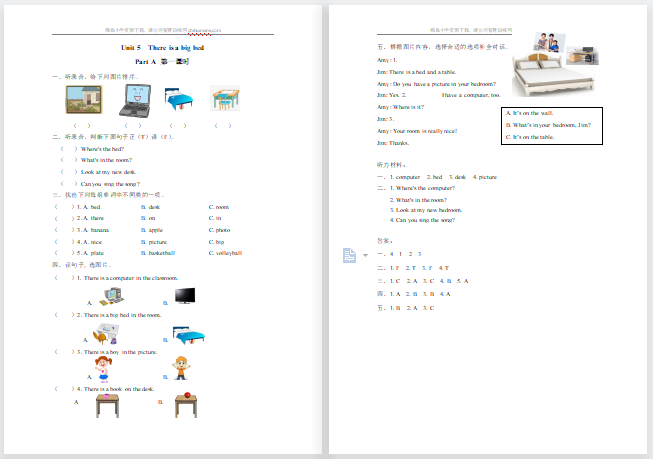 含听力2021年pep五年级上册Unit 5 Part A第1课时练习题及答案-第1张