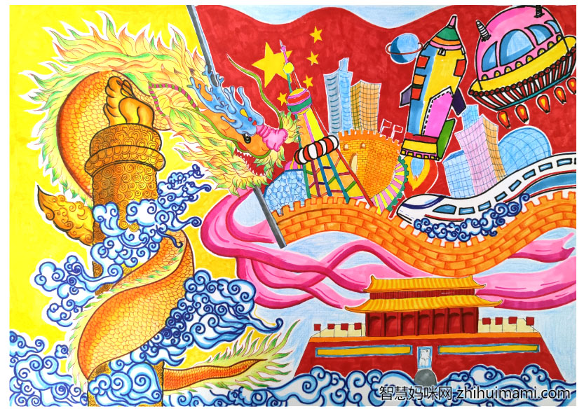 我爱我的祖国儿童绘画作品-图3