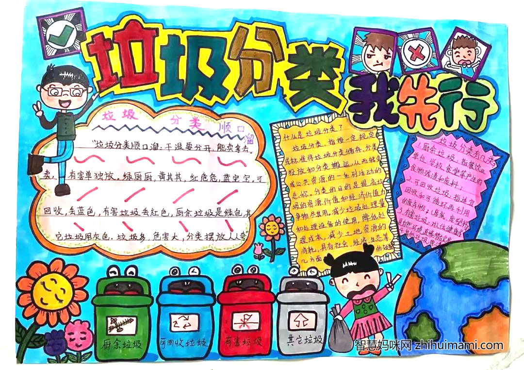 步骤1：《垃圾分类我先行手抄报》 地球上，因为环境污染的问题，我们付出了惨痛的代价。保护我们的自然环境，只能从我做起，传播积极的正能量，正确进行垃圾分类，才能影响社会的文明。 保护地球,爱护环境,人人有责，让我们一起行动起来！