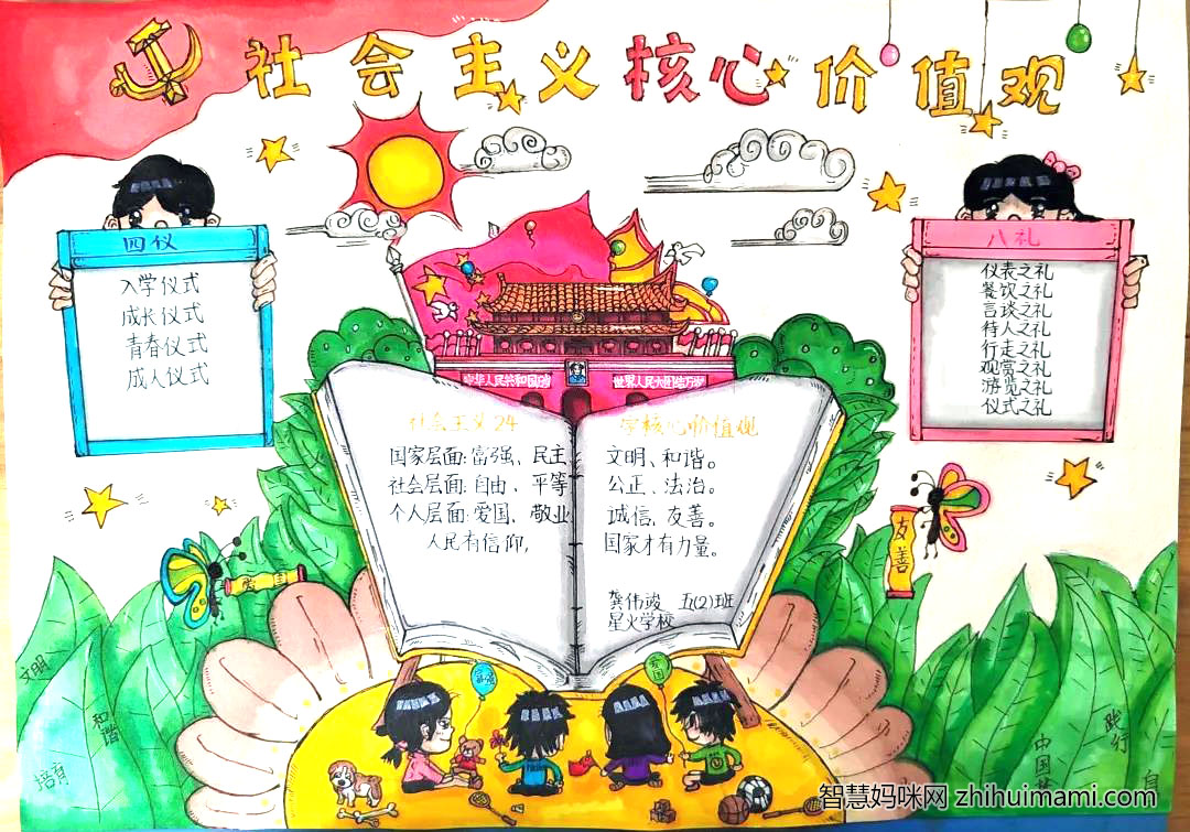 步骤3：《社会主义核心价值手抄报》少年强则中国强，作品中展现一幅充满正能量的少年们，在向阳花上学习当代社会主义24字核心价值观，和中华传统的礼仪文化，向阳花代表我们中国现在和谐、文明、友善、富强的社会环境，少年们在这样的优良社会环境中茁壮成长，凝聚实现中华民族伟大复兴的中国力量，实现中华民族伟大复兴的中国梦。