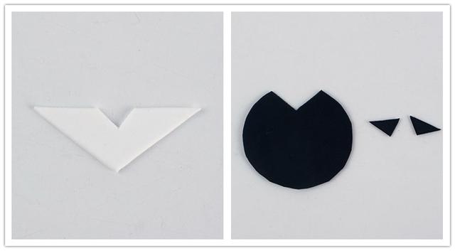 步骤4：用白色粘土做出三角形的衬衣领子，黑色粘土做成扇形作为外套，两个小黑三角形做领子。