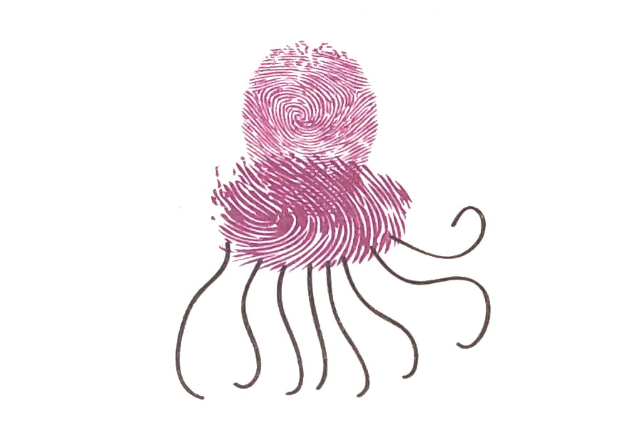 步骤3：画出乌贼的八条短腕，这些腕可不一样长哟。