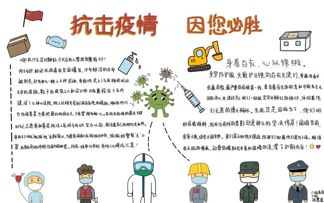 步骤2：《抗击疫情 因您必胜》手抄报旨在赞扬疫情期间乐于奉献的普通群众、自愿挺身而出为他人测量体温的志愿者、身着防护服拯救生命的医务人员，日夜兼程建造医院的建筑工人和坚守岗位的军人和警察。相信在大家的共同努力下，在不久的将来我们定能战胜疫情，恢复和谐安宁！