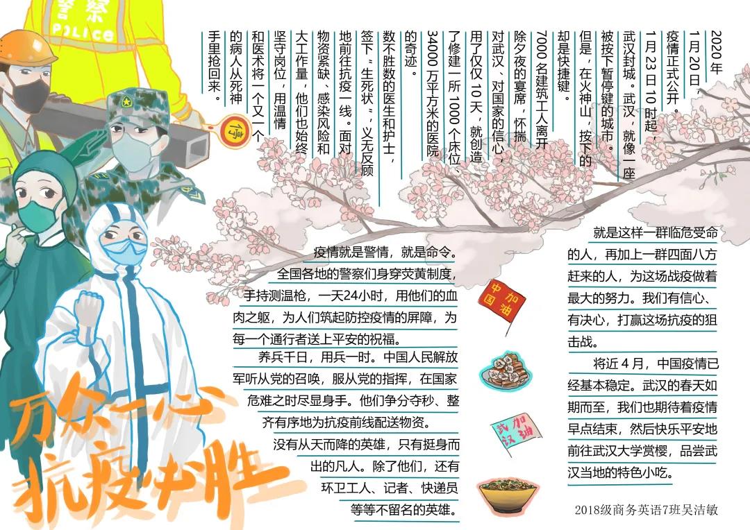 步骤4：《万众一心，战疫必胜》报头的灵感是新闻上一位小姐姐说的话，大意是“我没在怕的，因为我们有国家，有那么多医生护士，我相信他们有能力治好我们。”这句话让我想到疫情当前，有那么多医生、护士、警察等等挺身而出，他们都在为抗疫而奋斗着，给了我们十足的安全感。因为画面局限，我只画上了最具代表性的五种职业，但我们都知道那些不留名的英雄值得被纪念。  板块划分设计的灵感是“愿武大樱花绽放之时，疫情早已退散”这句话、“支援热干面”系列和亮出支援标语的建筑。如今樱花开了，距离疫情结束一定不会远了。