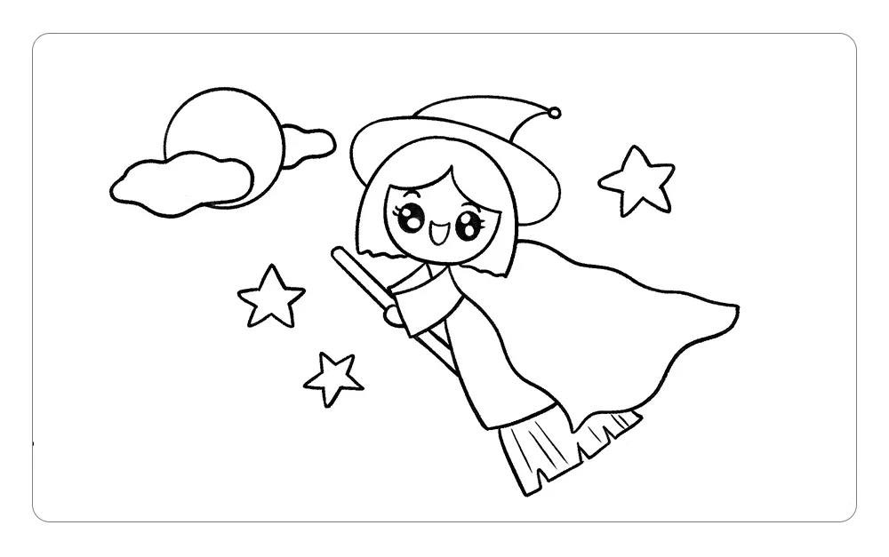 步骤8：在画面的空白处画上月亮、云朵和星星做装饰，骑着扫把飞行的小女巫就画出来啦。