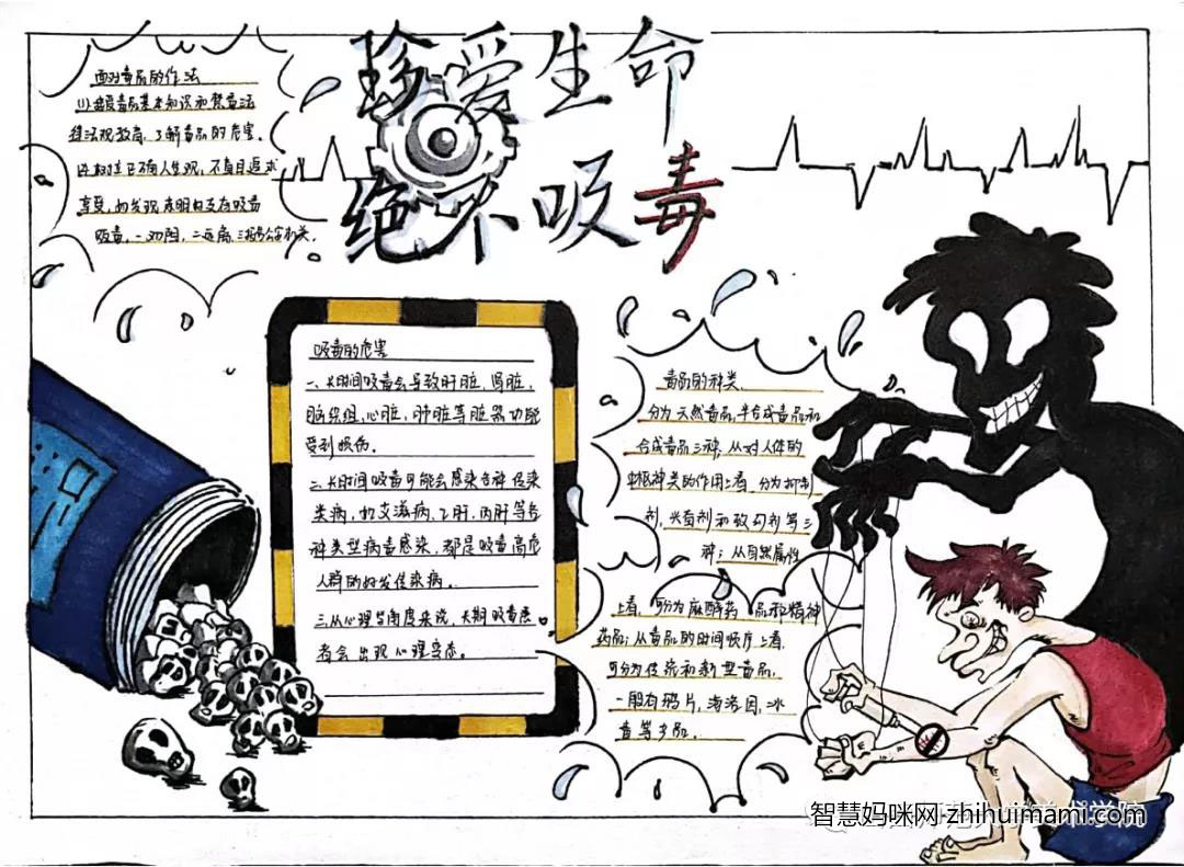 步骤4：《不做毒品的傀儡》创作说明：珍爱生命，远离毒品。毒品分为兴奋剂如可卡因，致幻剂，抑制剂，麻醉剂，其中最常见的主要是麻醉药品类中的大麻类，鸦片类和可卡因类。吸毒会对自身，家庭，社会产生极大的危害，使人的身体和精神产生依赖性，危害人体机理，使家庭陷入经济破产，亲属离散，甚至家破人亡的困难境地，进而造成社会财富的巨大损失和浪费，造成环境恶化，缩小人类的生存空间。我们一定要珍爱生命，绝不吸毒！