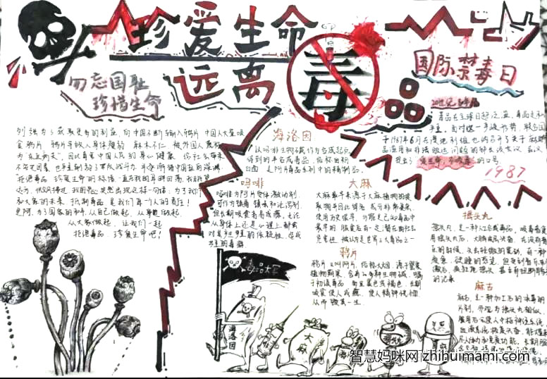 步骤5：《铭国耻，拒毒品》创作说明：为紧扣“爱生命，不吸毒”的主题，选用“珍爱生命，远离毒品”为标题，以红色与黑色为主色相结合，给人以视觉上的冲击，深刻表现出毒品对人们的危害性和血腥性，给人以警示作用。以漫画图文的形式介绍各类毒品和国人的血泪史，让人们明确生命的重要性，同时让大家了解了国际禁毒日，为日后生活中的防护与教育奠定坚实基础。