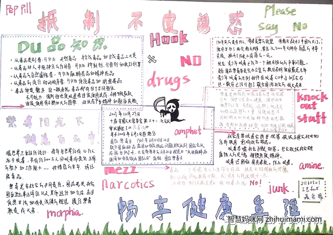 步骤7：《抵制不良诱惑 畅享健康生活》创作说明：这幅作品由6个部分组成，每个部分都是不可缺少的。其中包括：毒品知识，国际禁毒日常识，禁毒含义，毒品危害，青少年吸毒比例以及公民应尽责任。在作品空白处以各种毒品英文名称做补充，更能增进对毒品的了解。想通过内容详实，画面和谐，简洁易懂的绘画手法让大家抵制毒品的诱惑。
