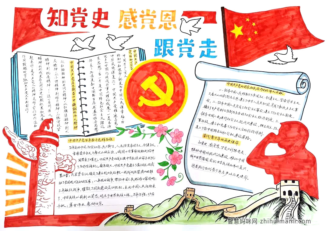 步骤6：手抄报简介：近百年来，中国共产党与人民同呼吸、共命运、心连心，领导人民创造了伟大历史。我们要永远知党恩，听党话，跟党走，感于心，化于行，以实际行动建功新时代，谱写新篇章。