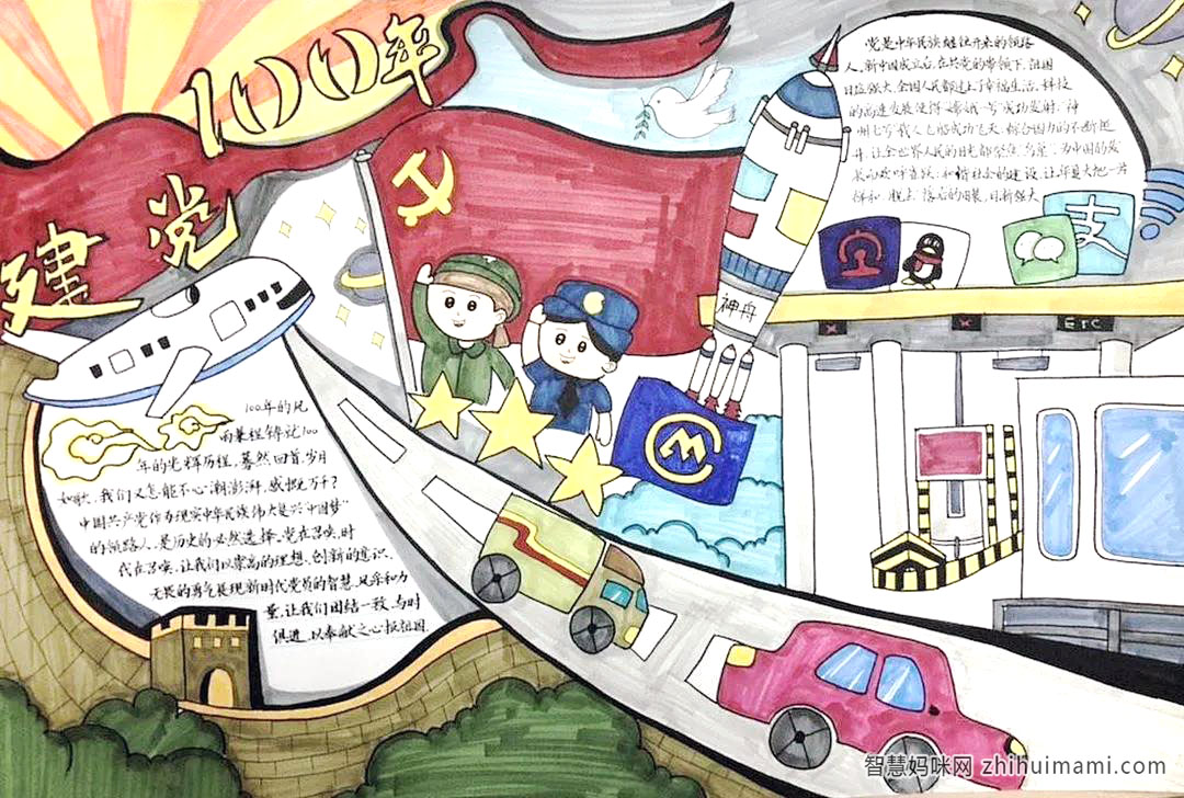 步骤5：手抄报简介：在共产党的领导下实现中华民族伟大复兴，科学创新，和谐腾飞。手抄报加入高速收费站、快捷支付方式，体现出现代交通快速便捷。